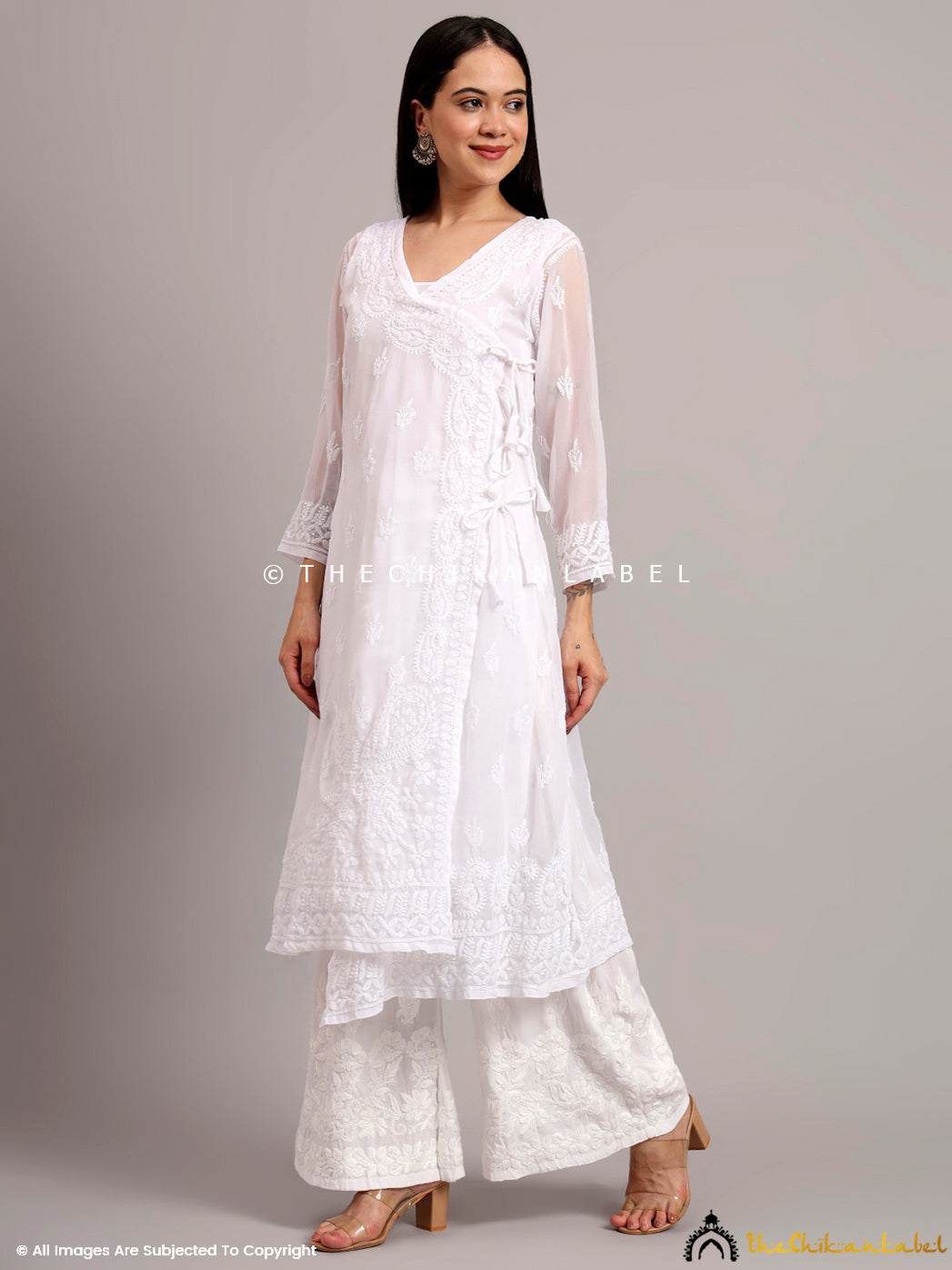 Flowy and relaxed georgette Angrakha kurta with elegant embroidery, designed for comfortable summer wear

