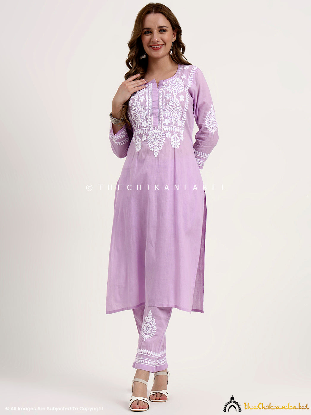 Khadi cotton chikankari kurta set with straight kurta and matching embroidered pants for festive and office wear.