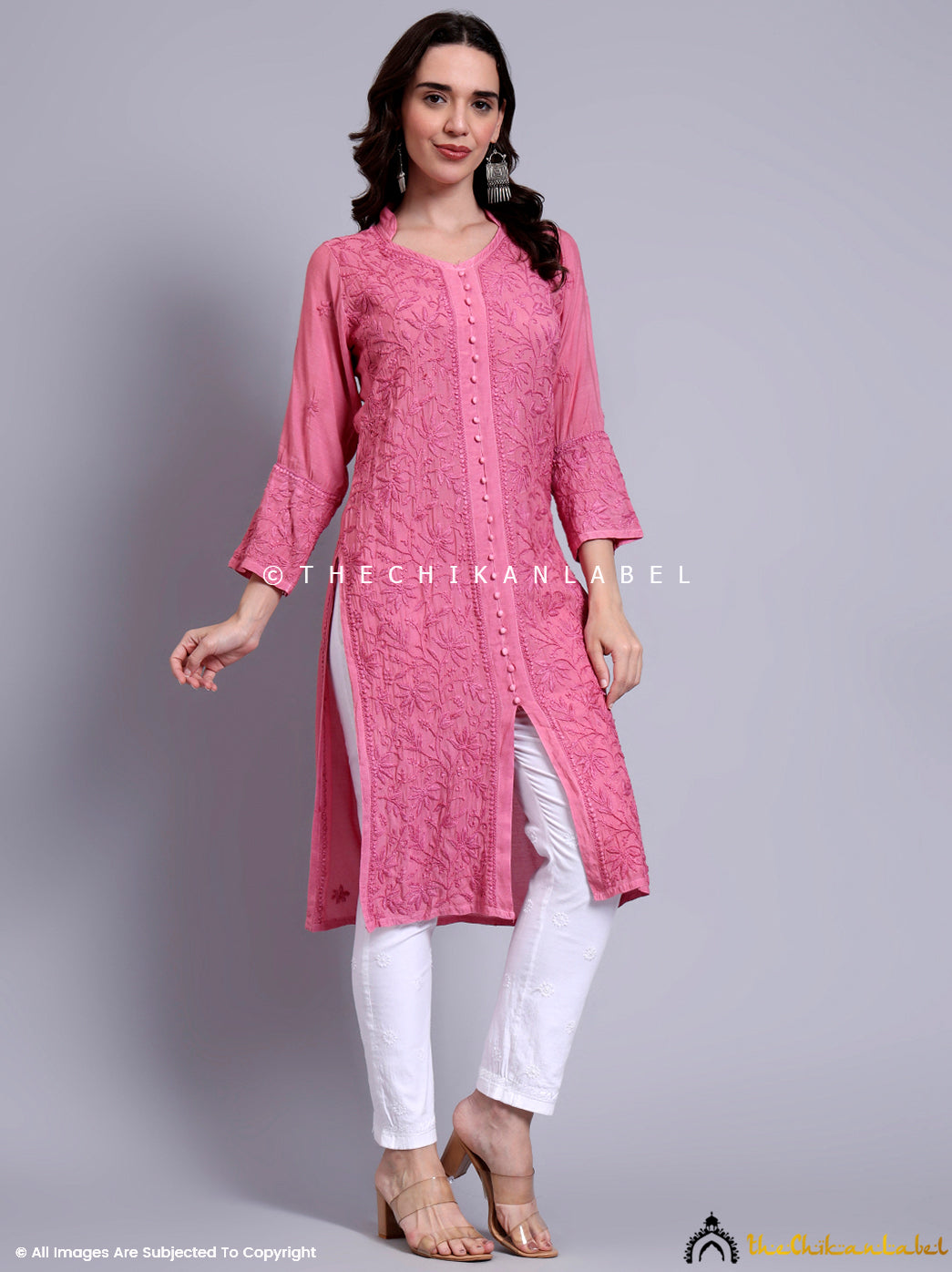 Ethnic kurti with all-over handcrafted Chikankari floral motifs and full sleeves perfect for daily wear.

