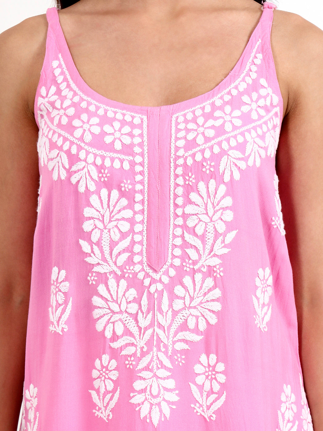Trending strappy kurta designed in rayon fabric with traditional chikankari embroidery work