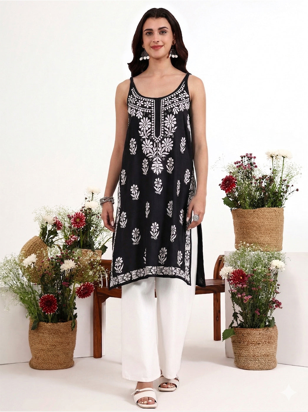 Trending strappy kurta designed in rayon fabric with traditional chikankari embroidery work
