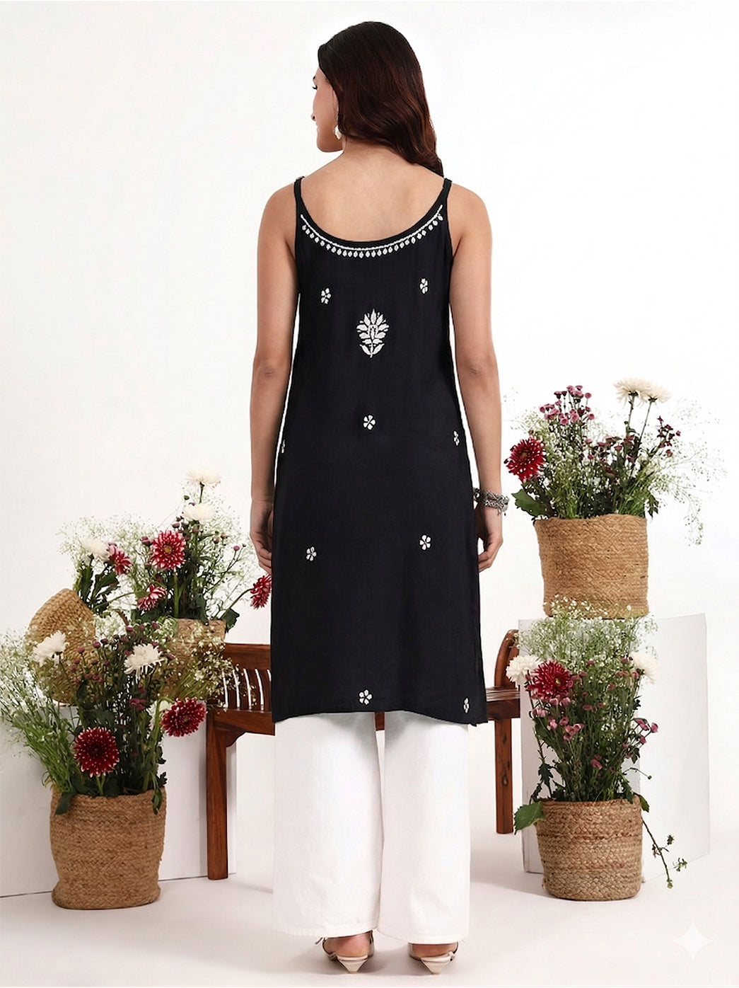 Women ethnic wear chikankari strappy kurta with delicate embroidery and flowy silhouette