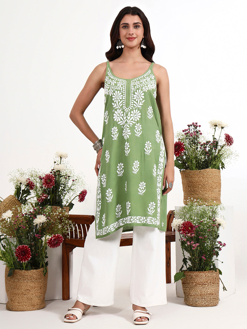 Trending strappy kurta designed in rayon fabric with traditional chikankari embroidery work