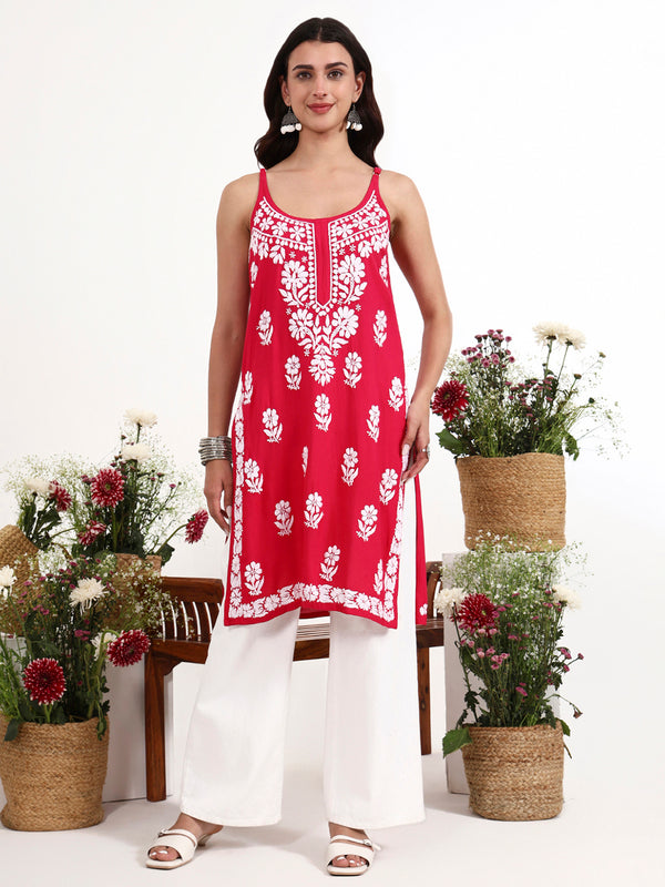 Women ethnic wear chikankari strappy kurta with delicate embroidery and flowy silhouette