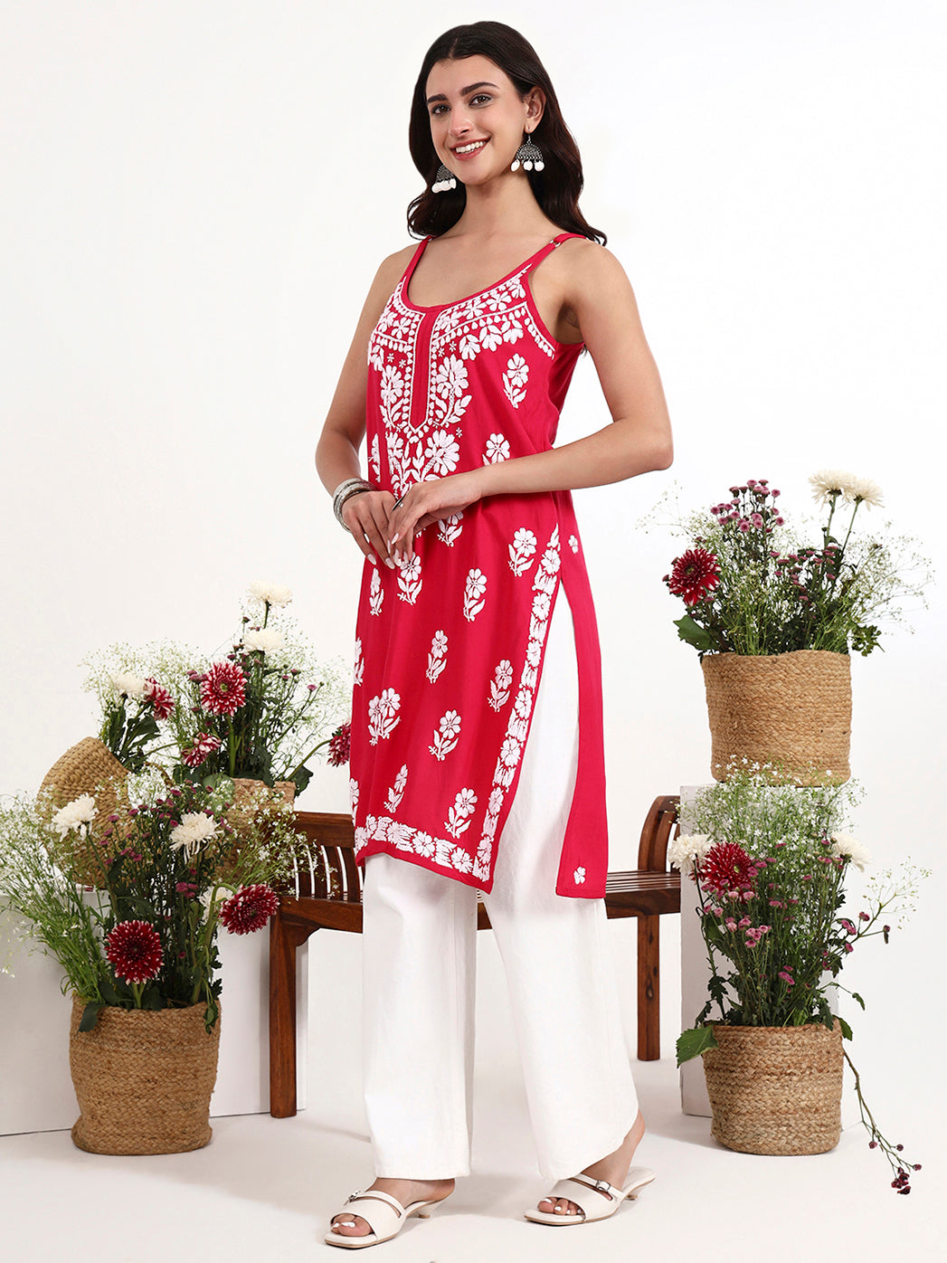 Trending chikankari strappy kurta with minimal design and breathable fabric for summer