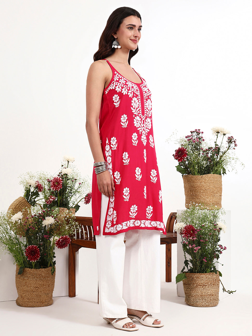 Elegant long strappy kurta showcasing handcrafted chikankari patterns and soft texture