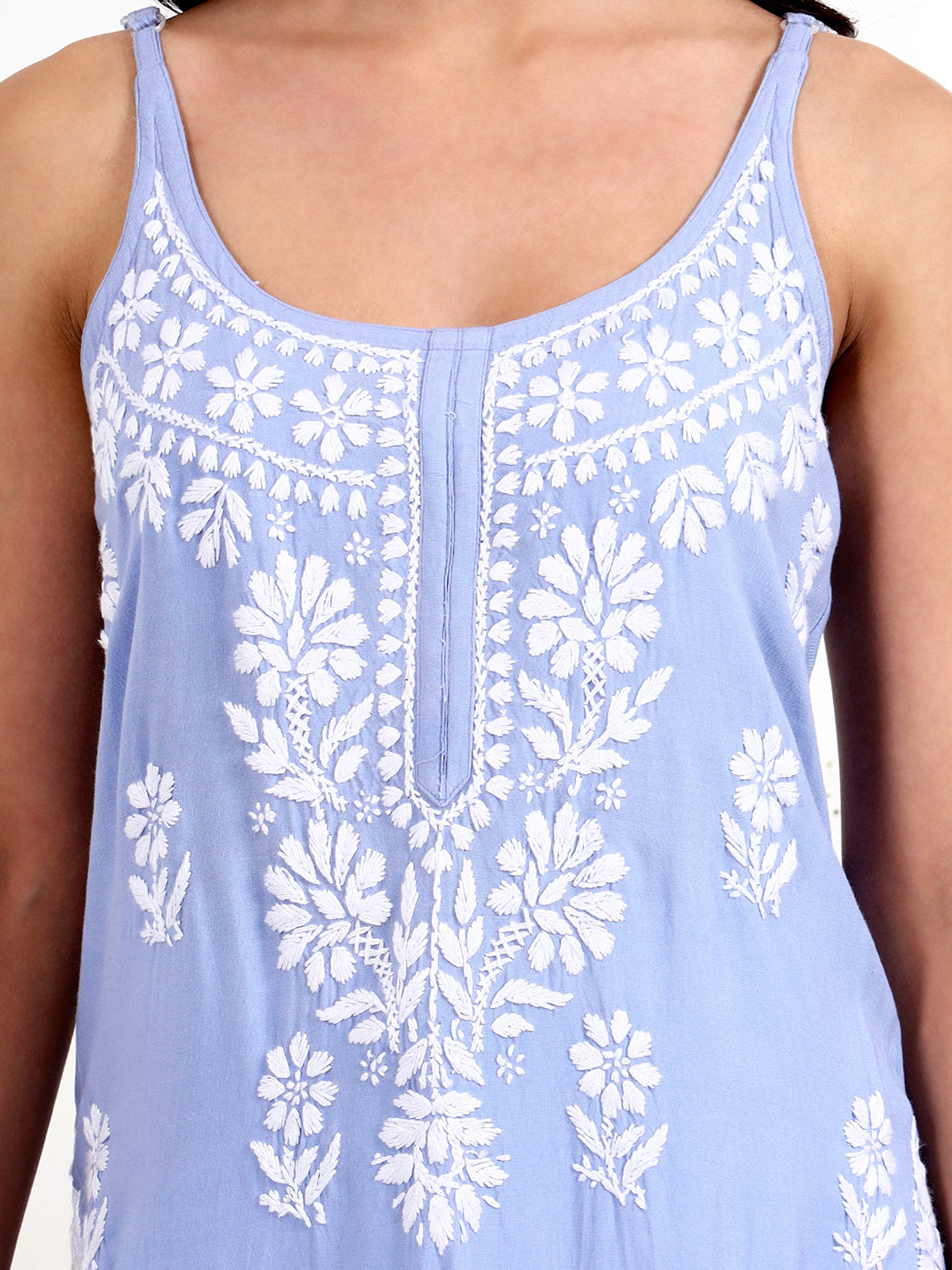Trending strappy kurta designed in rayon fabric with traditional chikankari embroidery work