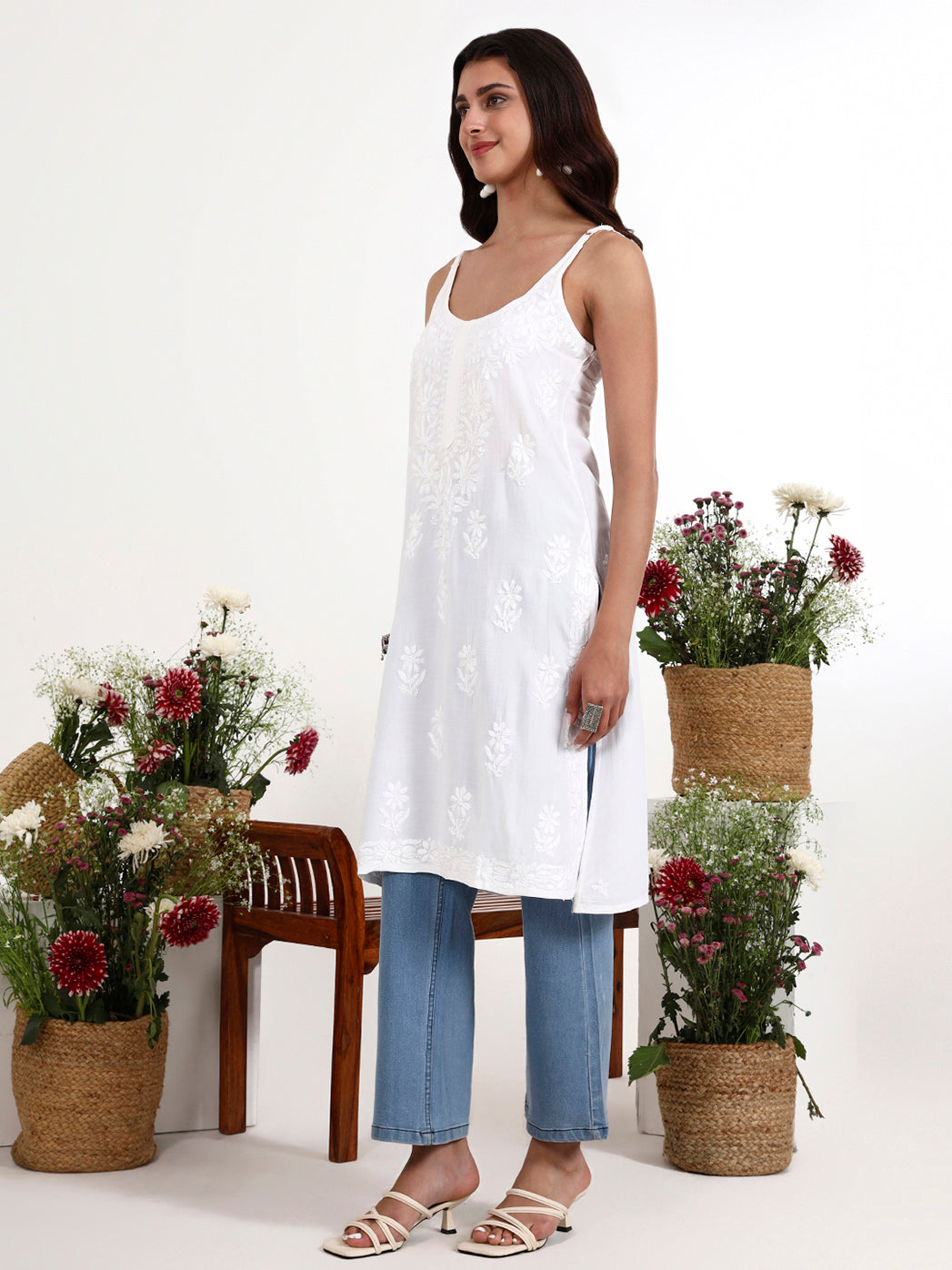 Trending chikankari strappy kurta with minimal design and breathable fabric for summer
