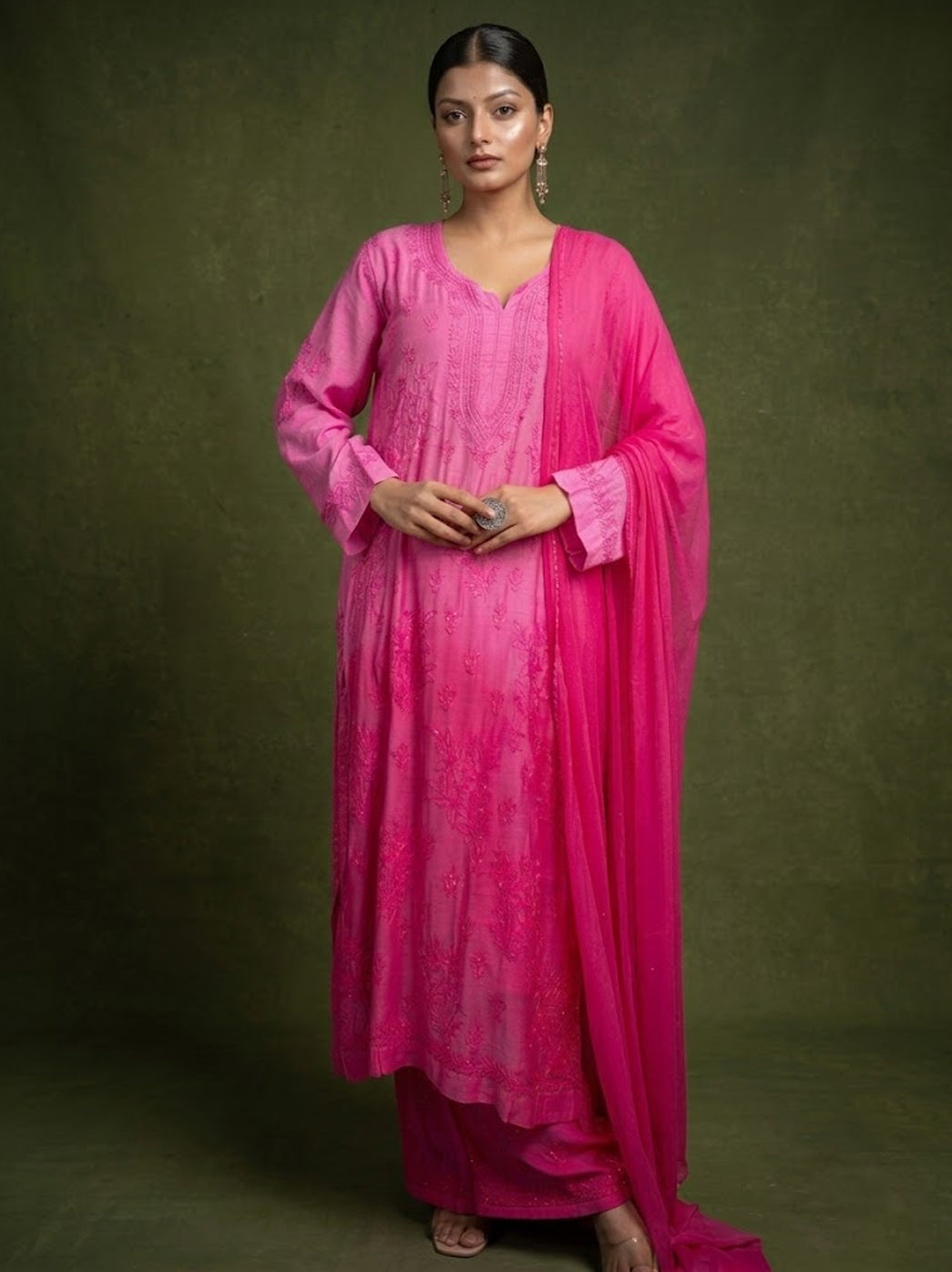 Karima Muslin Chikankari Straight Kurta Set with Dupatta -Pink
