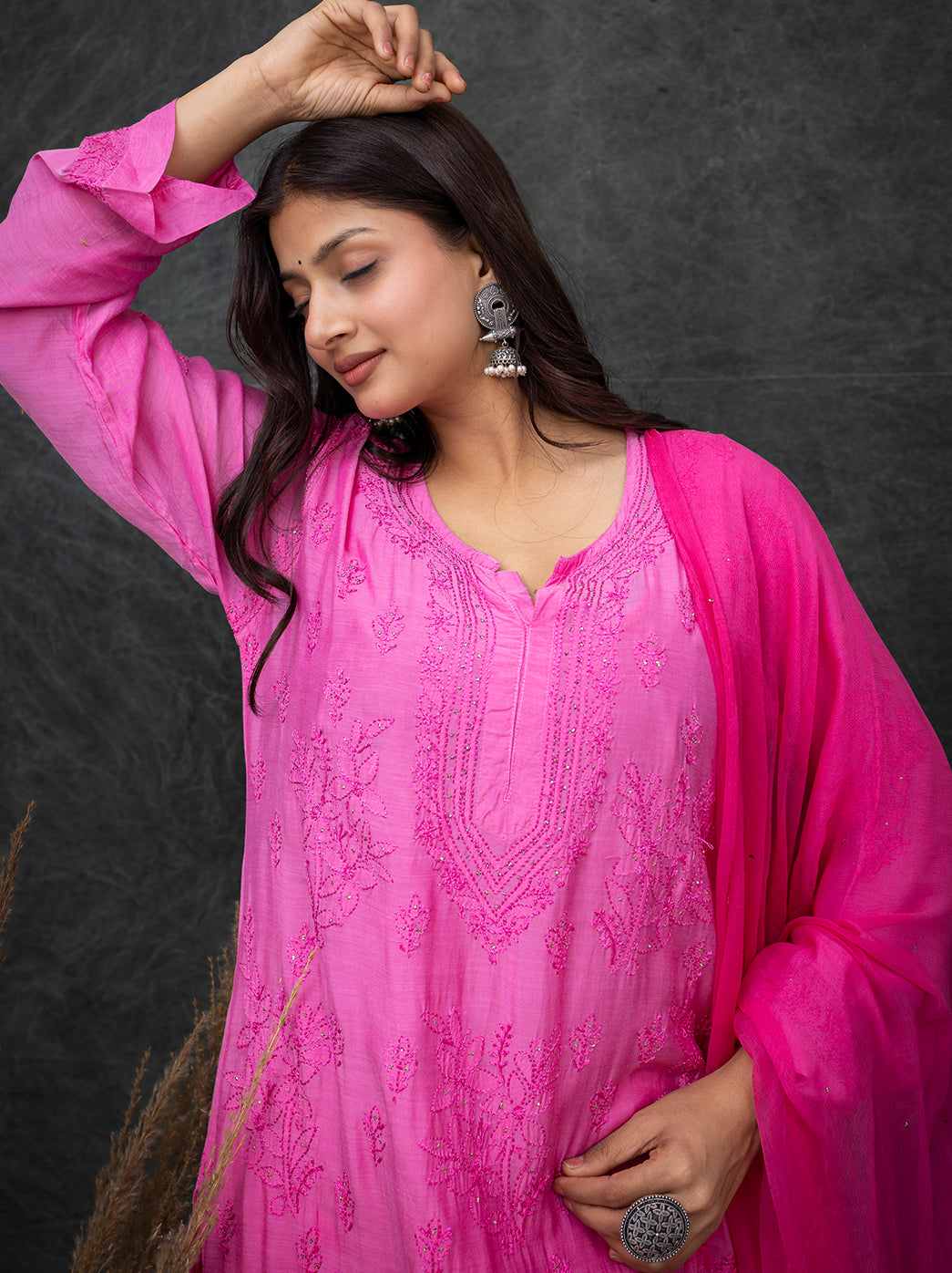 Karima Muslin Chikankari Straight Kurta Set with Dupatta -Pink