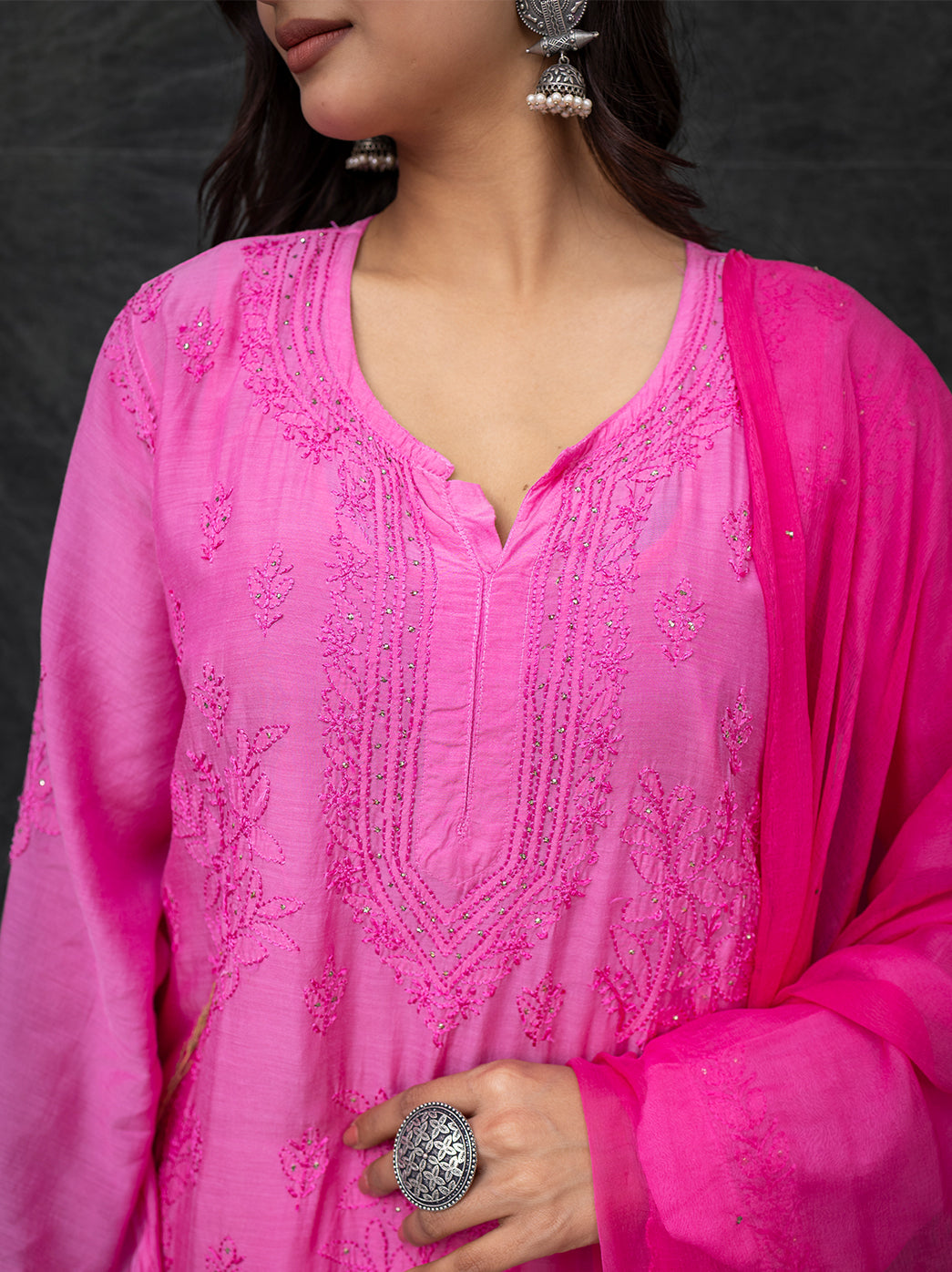 Karima Muslin Chikankari Straight Kurta Set with Dupatta -Pink