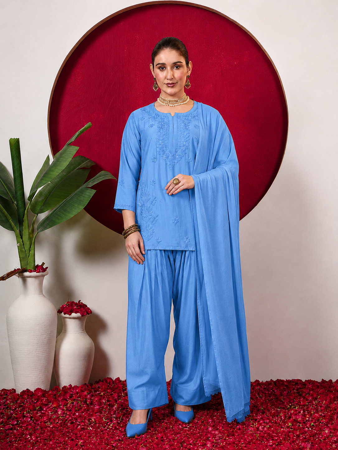 Kashvi Chanderi Chikankari Kurta Farshi Salwar Set with Dupatta - Blue