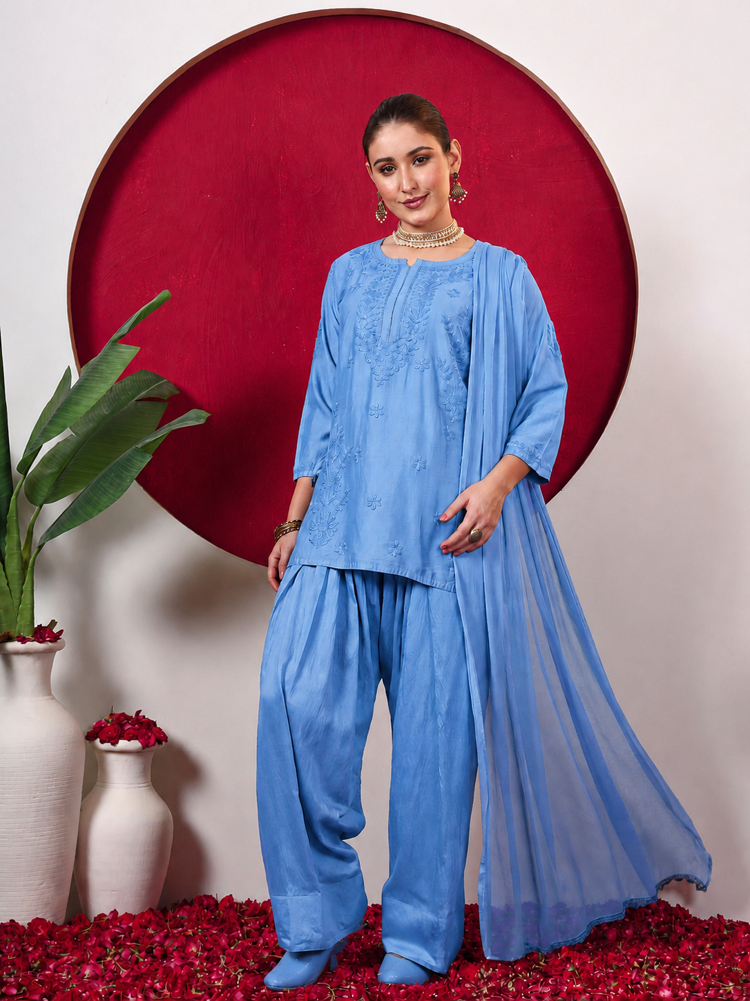 Kashvi Chanderi Chikankari Kurta Farshi Salwar Set with Dupatta - Blue