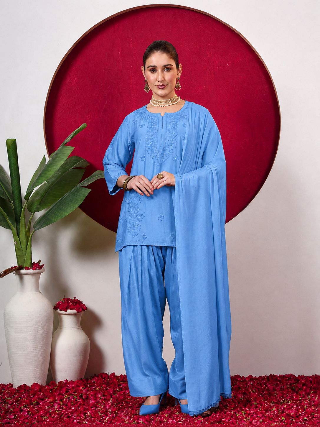 Kashvi Chanderi Chikankari Kurta Farshi Salwar Set with Dupatta - Blue