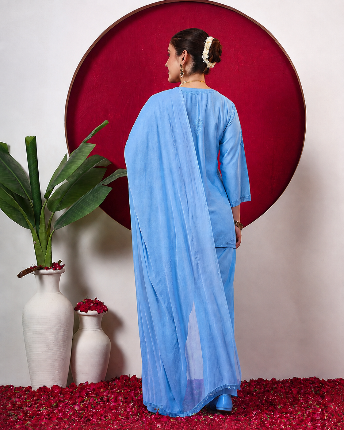 Kashvi Chanderi Chikankari Kurta Farshi Salwar Set with Dupatta - Blue