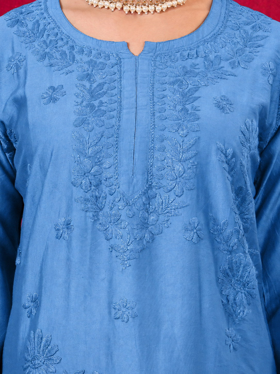 Kashvi Chanderi Chikankari Kurta Farshi Salwar Set with Dupatta - Blue