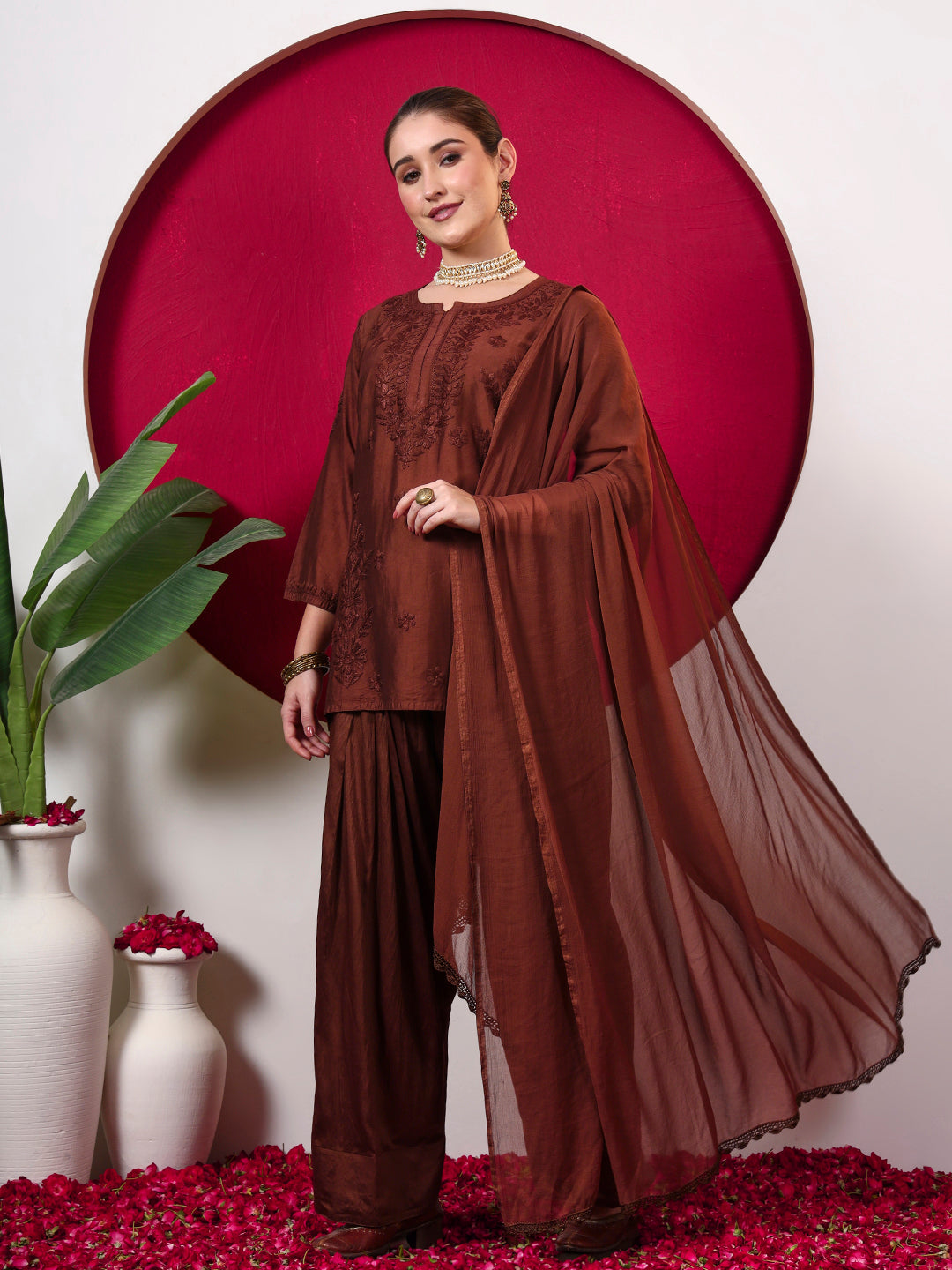 Kashvi Chanderi Chikankari Kurta Farshi Salwar Set with Dupatta - Brown