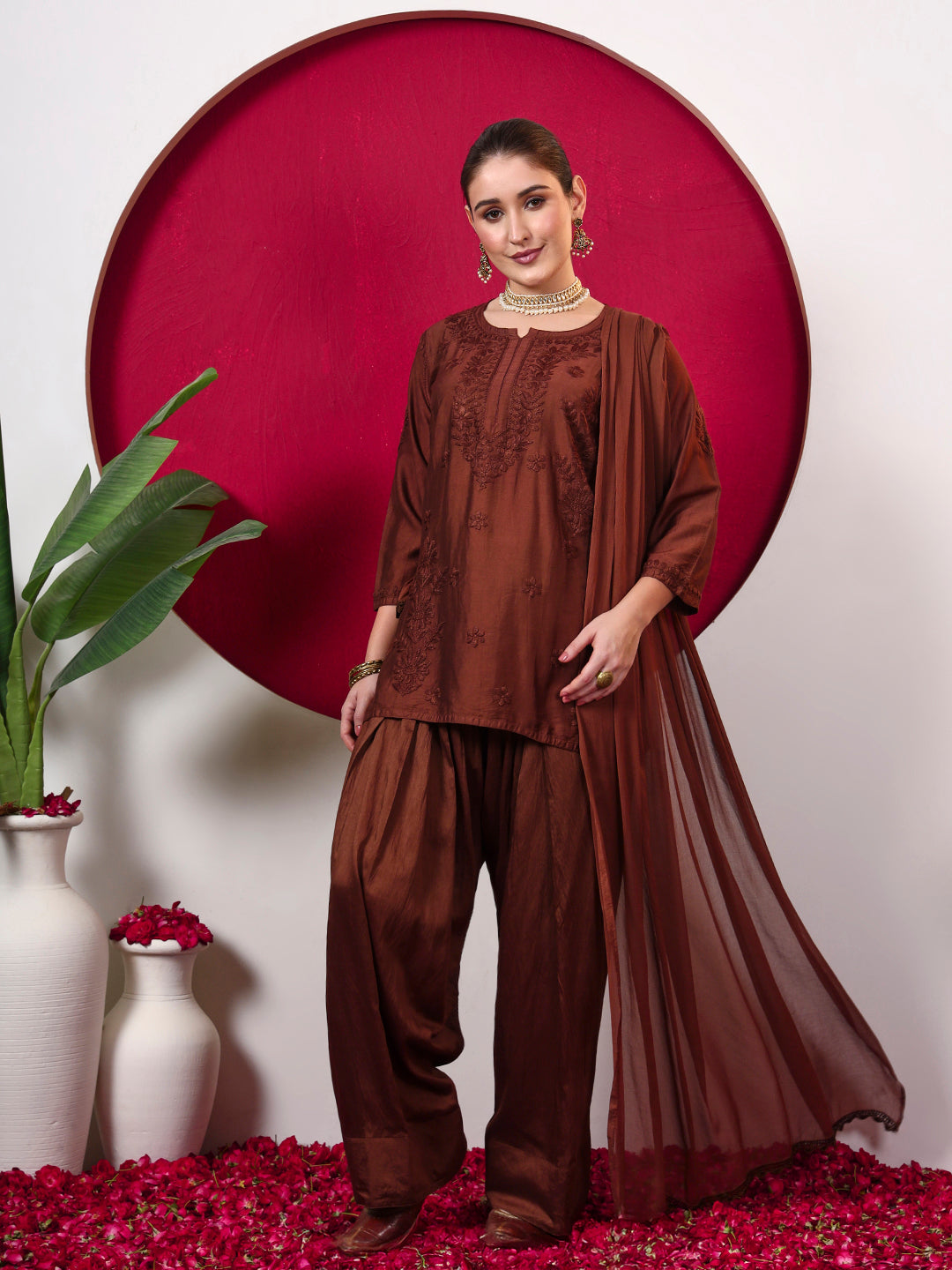 Kashvi Chanderi Chikankari Kurta Farshi Salwar Set with Dupatta - Brown