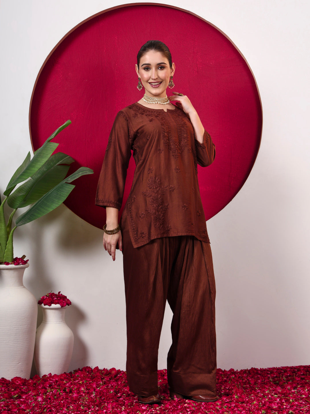 Kashvi Chanderi Chikankari Kurta Farshi Salwar Set with Dupatta - Brown