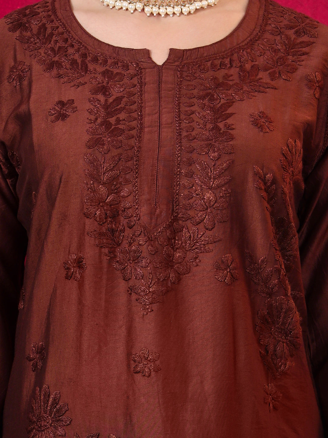 Kashvi Chanderi Chikankari Kurta Farshi Salwar Set with Dupatta - Brown