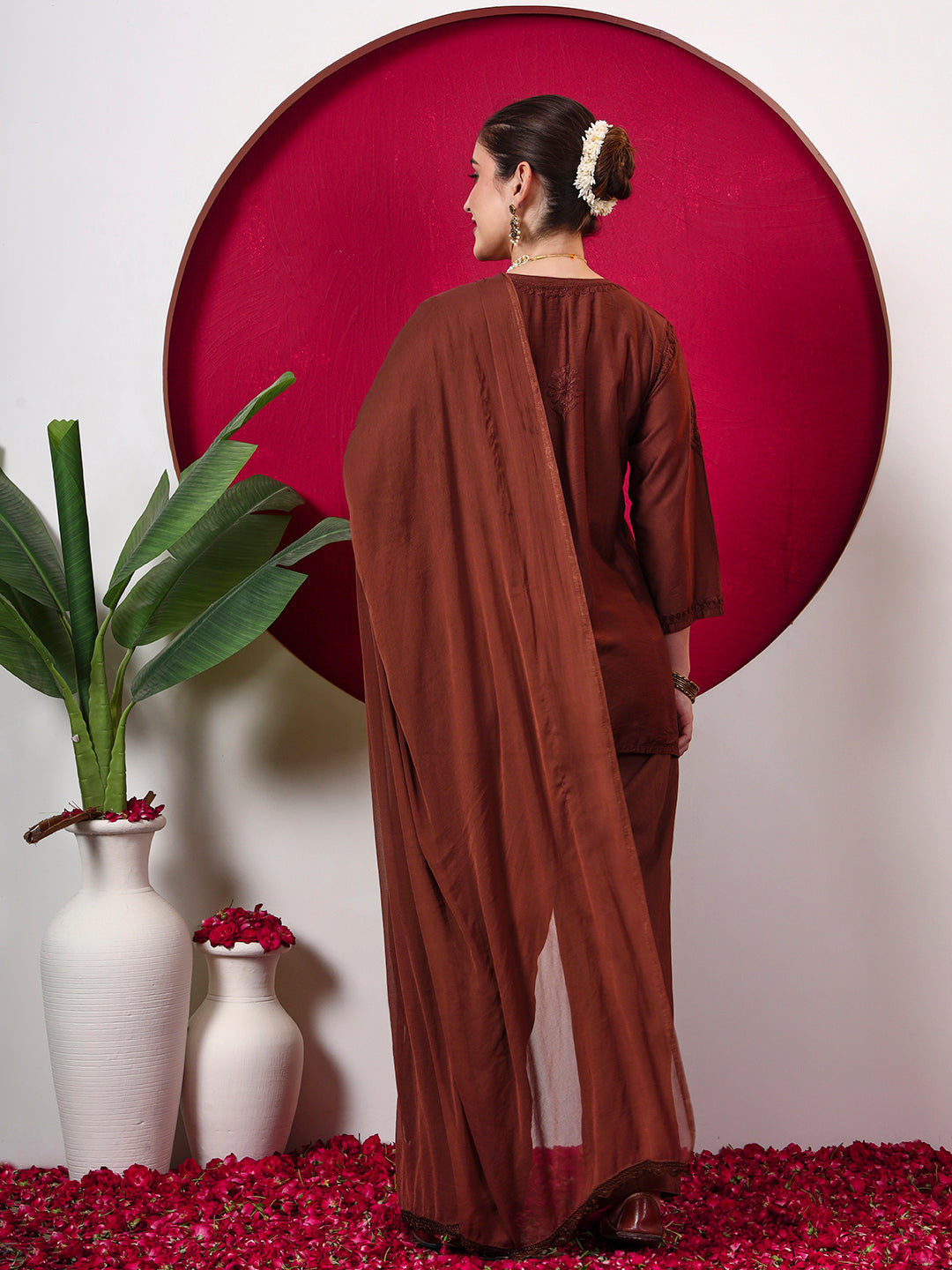 Kashvi Chanderi Chikankari Kurta Farshi Salwar Set with Dupatta - Brown