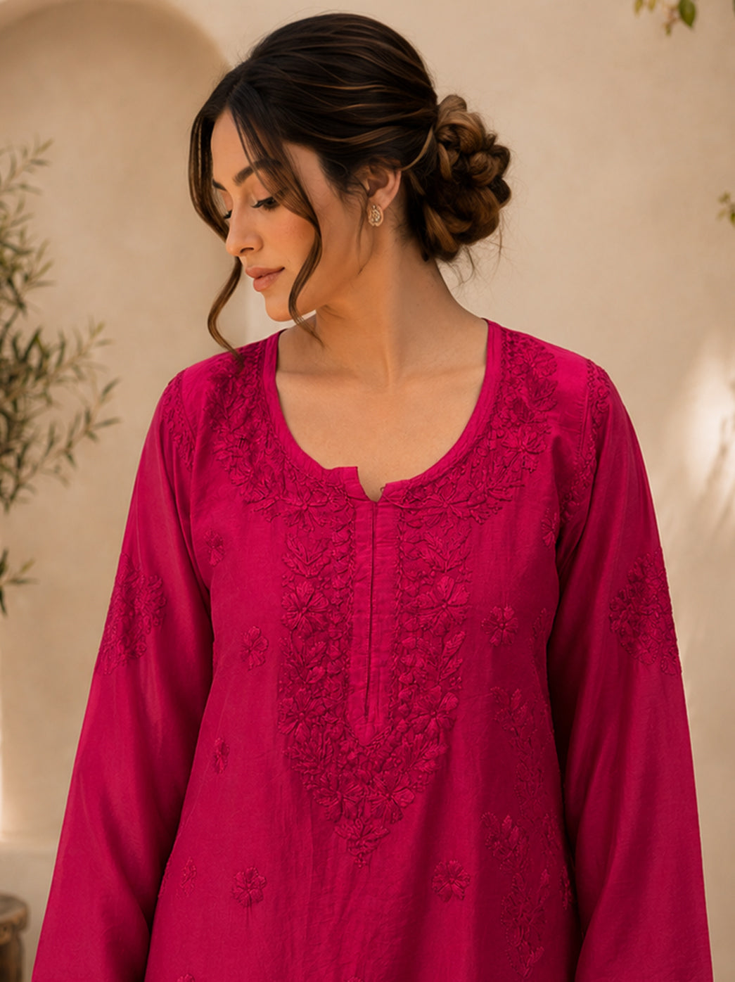 Premium traditional wear Chikankari dress featuring hand embroidered Chanderi kurta, statement Farshi salwar and dupatta for weddings, festive gatherings and celebrations.