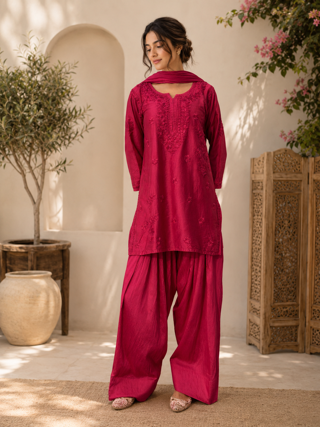 Trending Chikankari Farshi salwar set with detailed hand embroidery and graceful Chanderi fabric, suitable for festive wear, weddings, Eid and traditional functions.