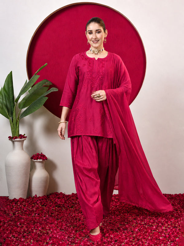Kashvi Chanderi Chikankari Kurta Farshi Salwar Set with Dupatta - Hot Pink