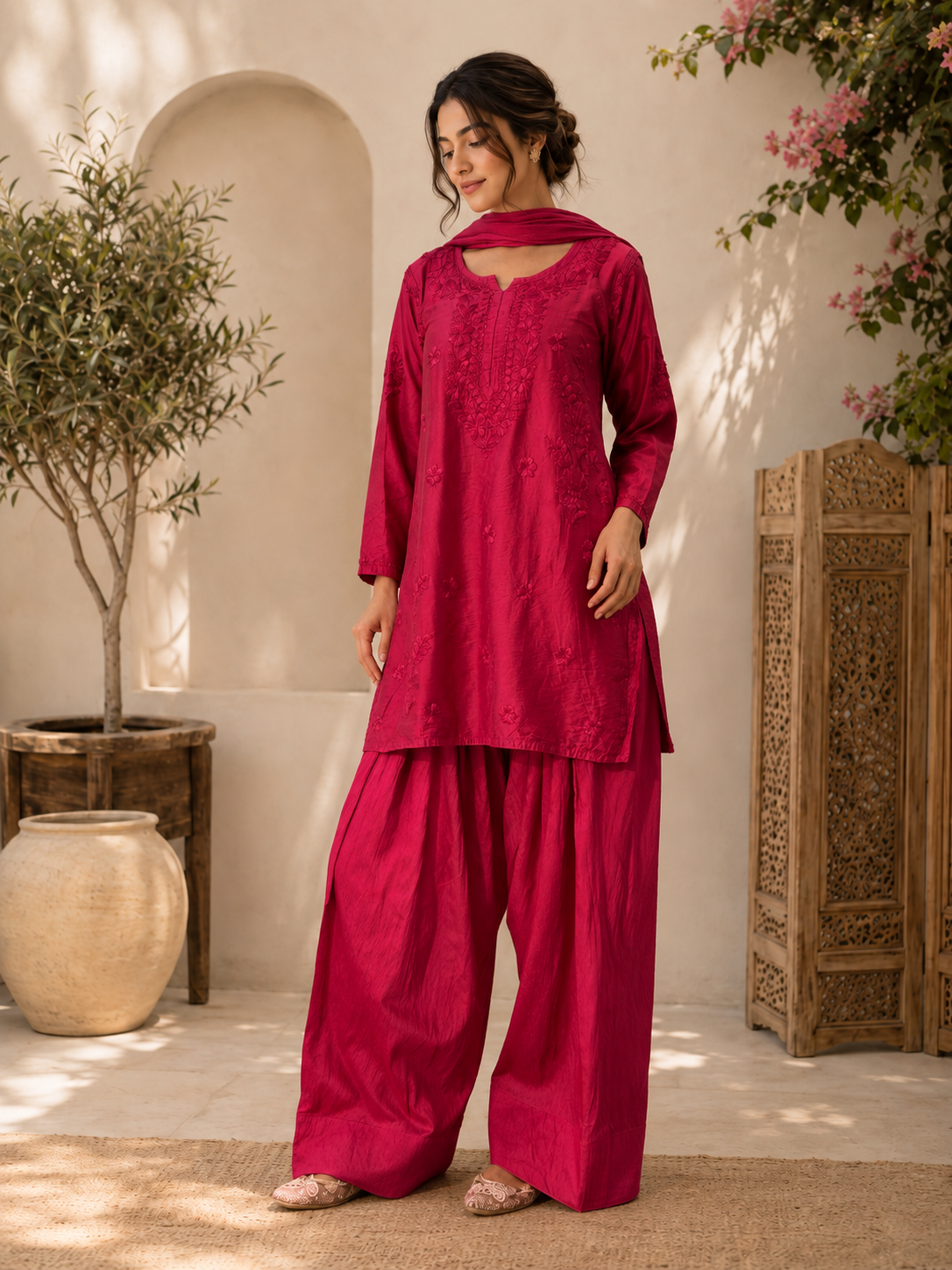 Designer Chikankari Farshi salwar suit for women with intricate kurta embroidery, comfortable wide Farshi bottom and matching dupatta for festive and wedding wear.