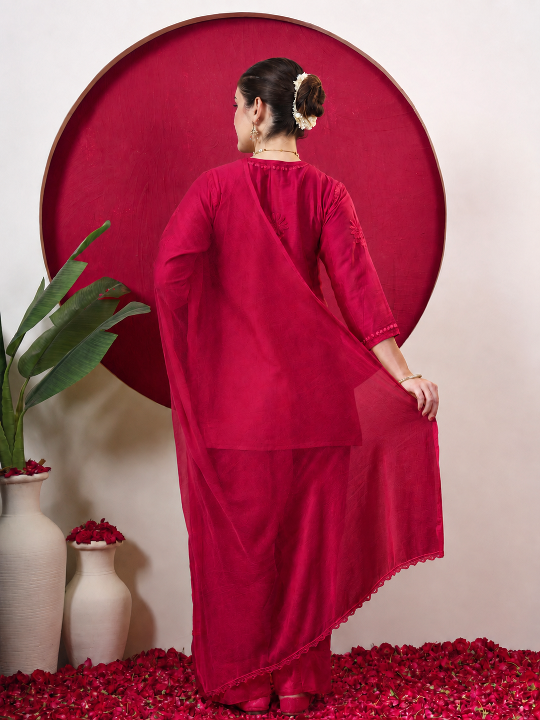 Kashvi Chanderi Chikankari Kurta Farshi Salwar Set with Dupatta - Hot Pink