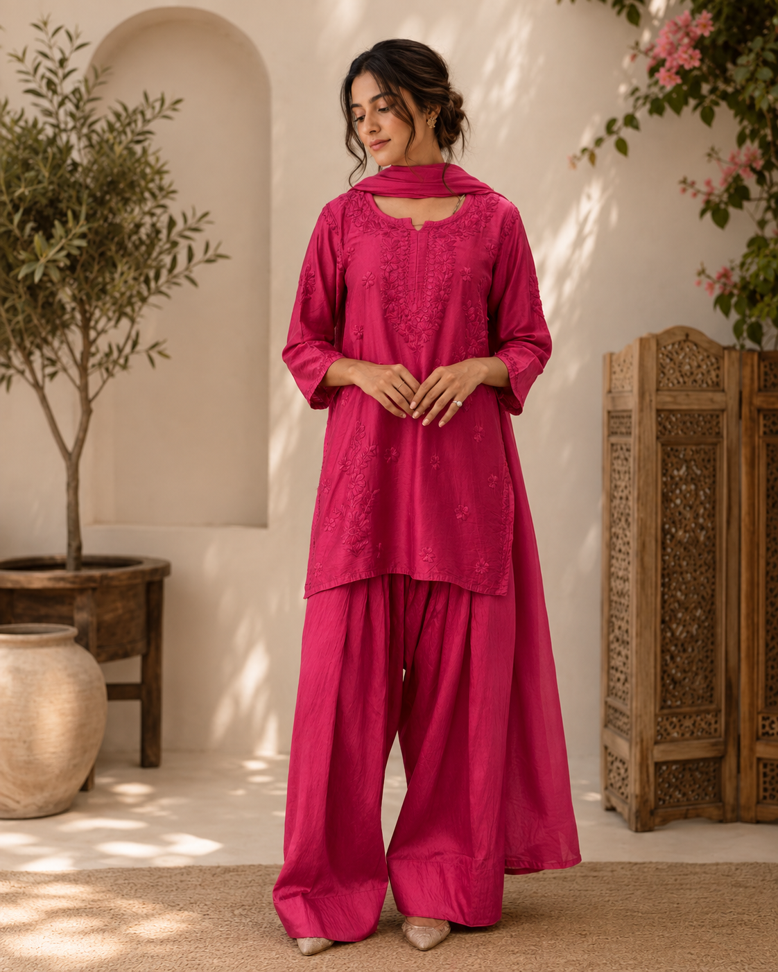 Chanderi Farshi salwar set with traditional Chikankari embroidery, three-quarter sleeve kurta, flowing bottom and coordinated dupatta for elegant ethnic styling.