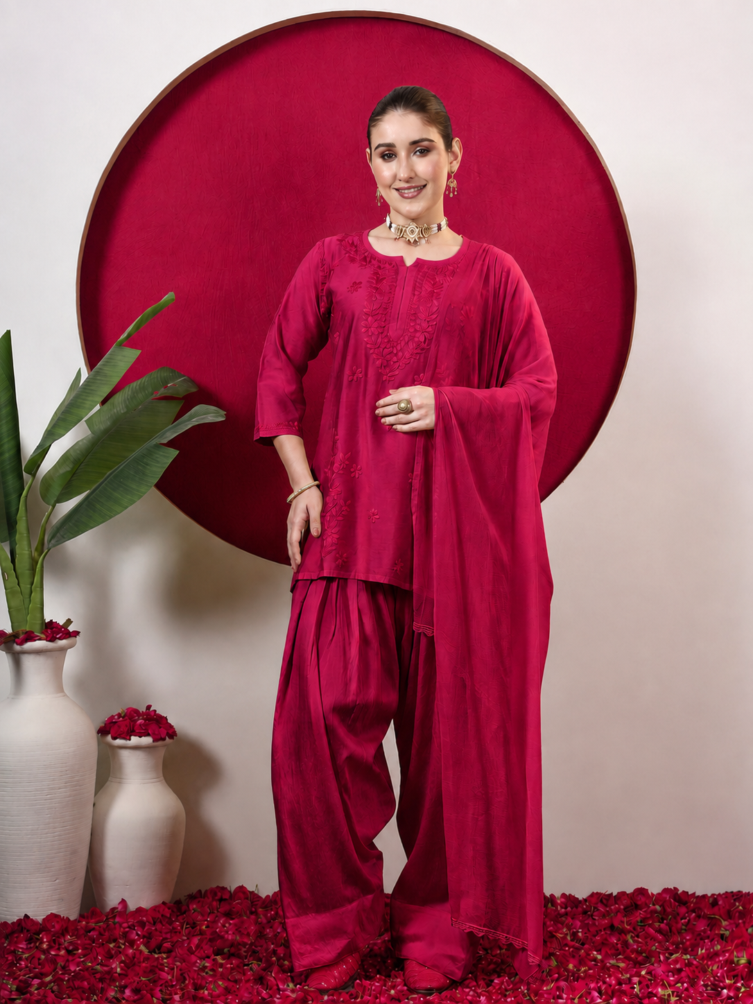 Kashvi Chanderi Chikankari Kurta Farshi Salwar Set with Dupatta - Hot Pink