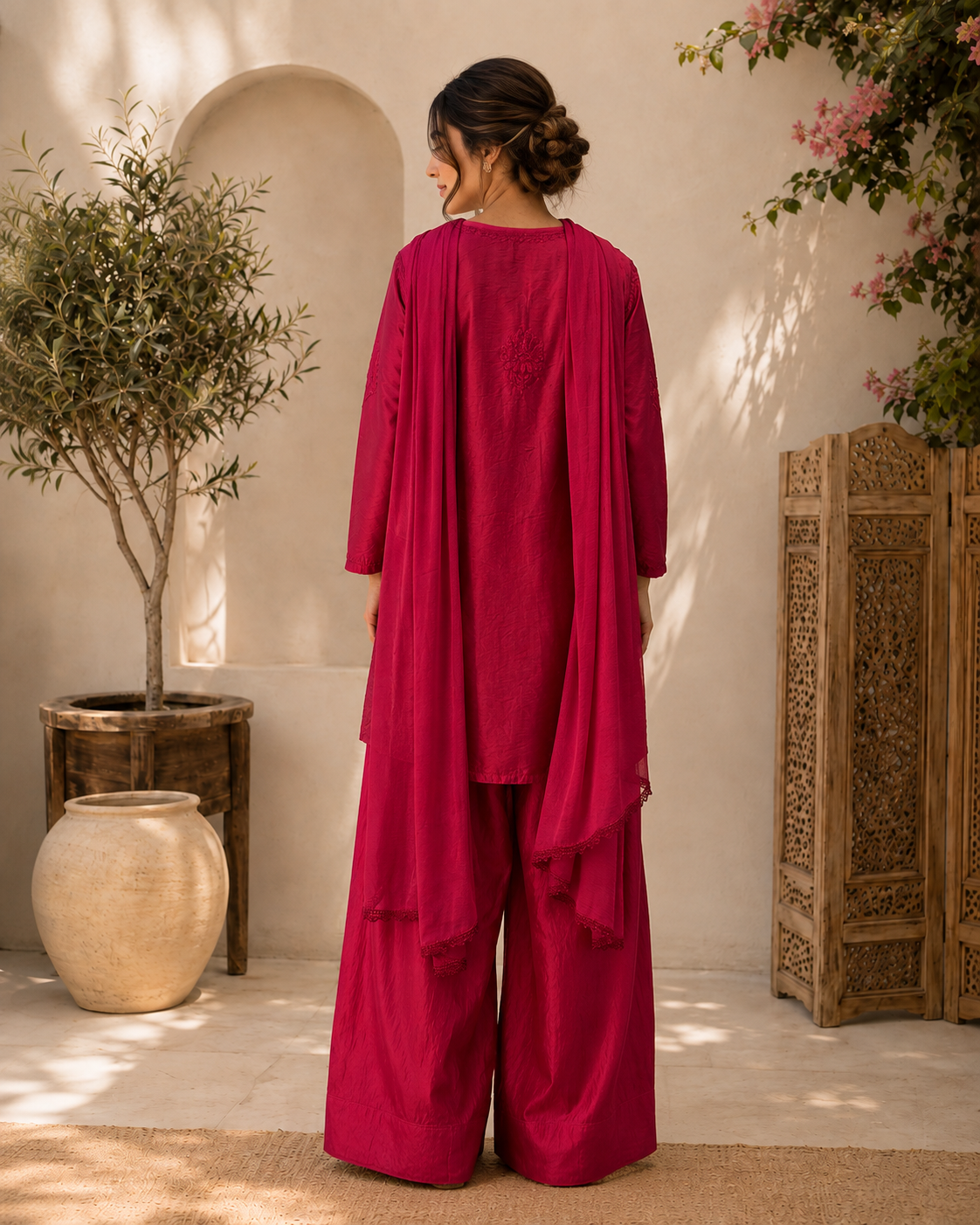 Kashvi hand embroidered Chanderi Farshi set with dupatta featuring classic Lucknowi Chikankari craftsmanship and a flowing heritage-inspired ethnic silhouette.