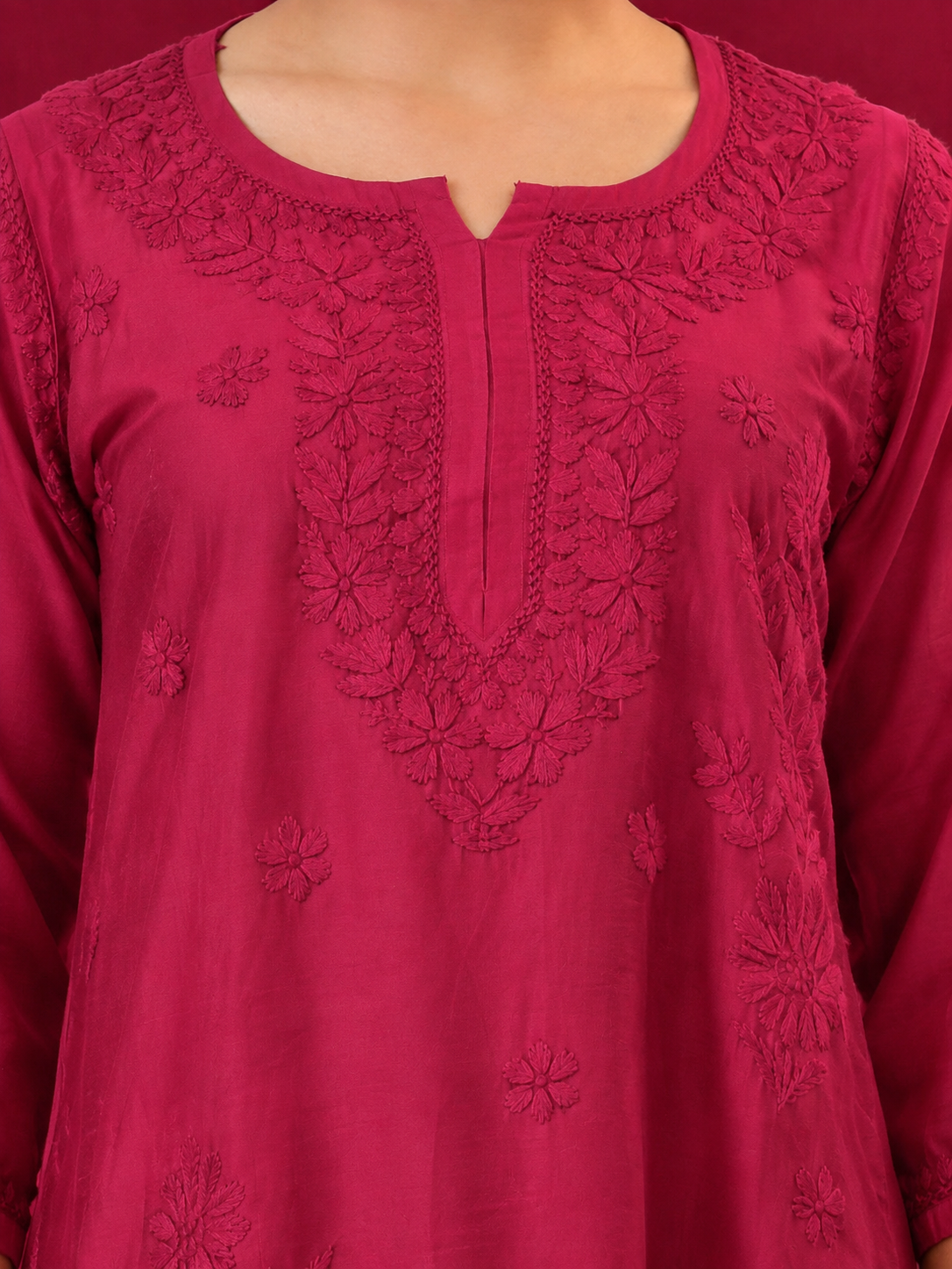 Kashvi Chanderi Chikankari Kurta Farshi Salwar Set with Dupatta - Hot Pink