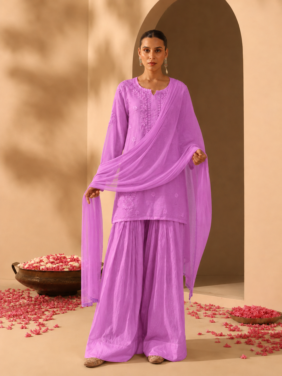 Hand embroidered Chikankari Chanderi salwar set for women with heritage-inspired Farshi bottom, relaxed kurta fit and matching dupatta for an elegant traditional outfit.