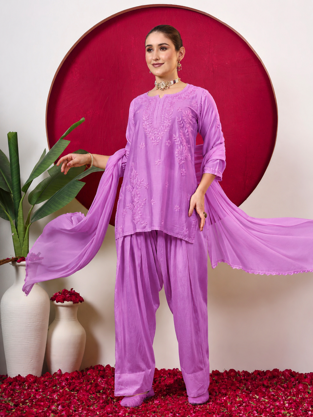 Kashvi Chanderi Chikankari Kurta Farshi Salwar Set with Dupatta - Lavender