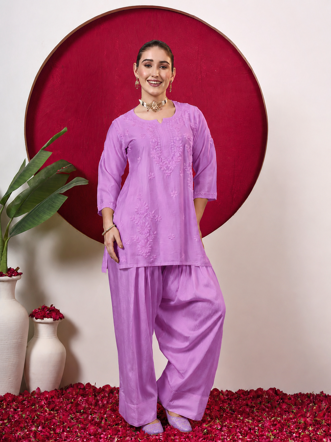 Kashvi Chanderi Chikankari Kurta Farshi Salwar Set with Dupatta - Lavender