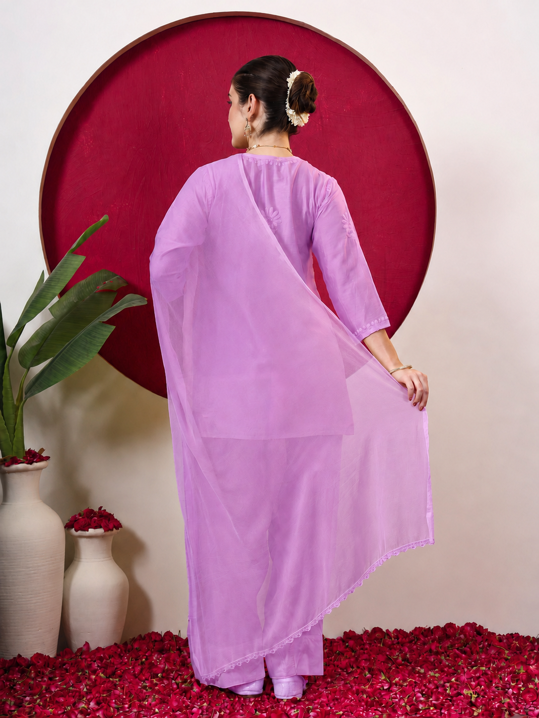 Kashvi Chanderi Chikankari Kurta Farshi Salwar Set with Dupatta - Lavender