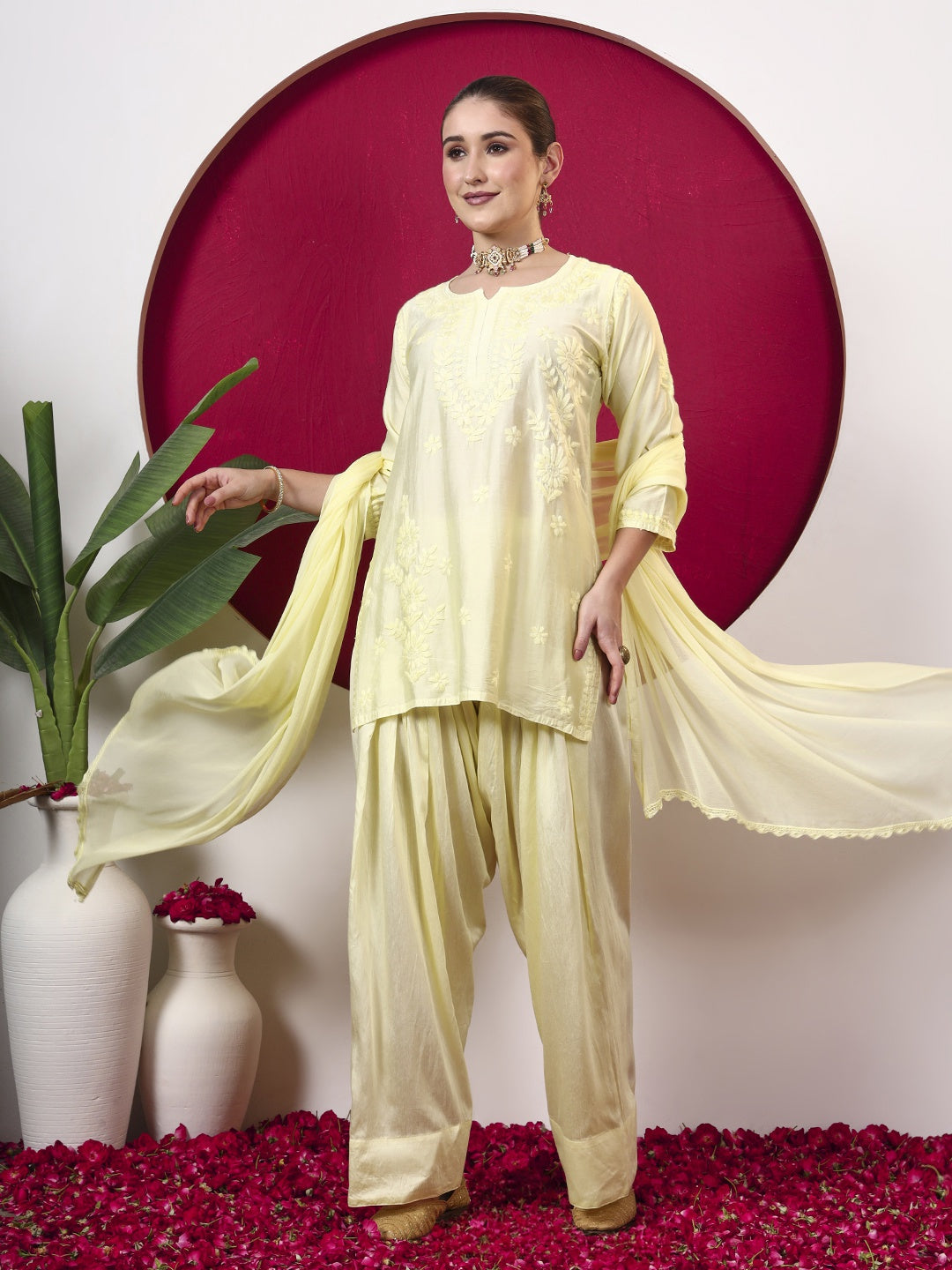 Kashvi Chanderi Chikankari Kurta Farshi Salwar Set with Dupatta - Yellow