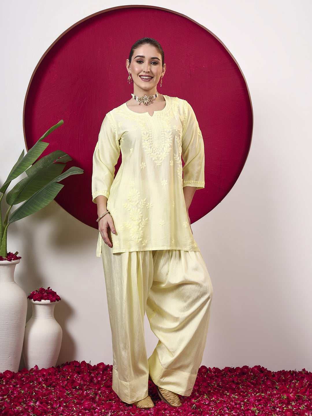 Kashvi Chanderi Chikankari Kurta Farshi Salwar Set with Dupatta - Yellow