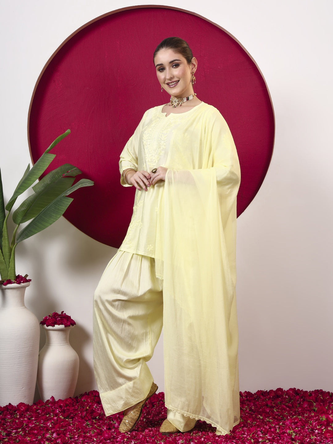 Kashvi Chanderi Chikankari Kurta Farshi Salwar Set with Dupatta - Yellow