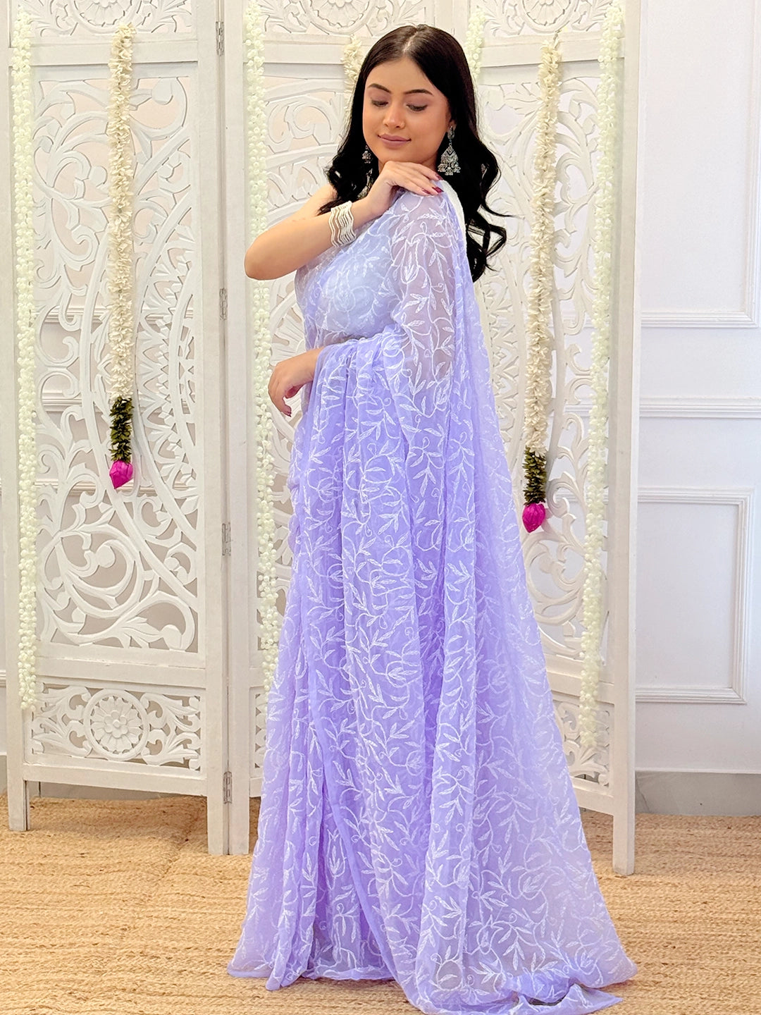 Hand embroidered chikankari tepchi georgette saree draped elegantly for festive ethnic wear outfit inspiration