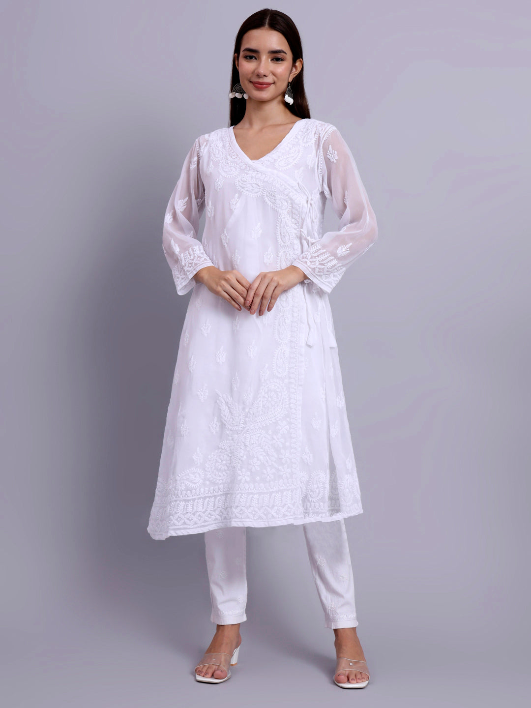 Kalyani Priyadarshini Jaanvi Georgette Chikankari Angrakha - White