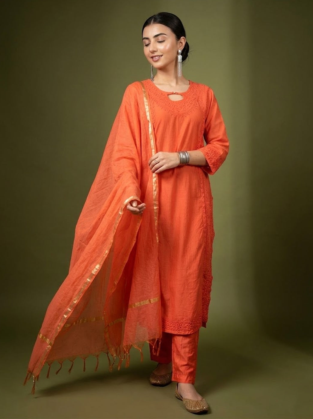 Kriti Chanderi Chikankari Kurta Set with Dupatta - Orange