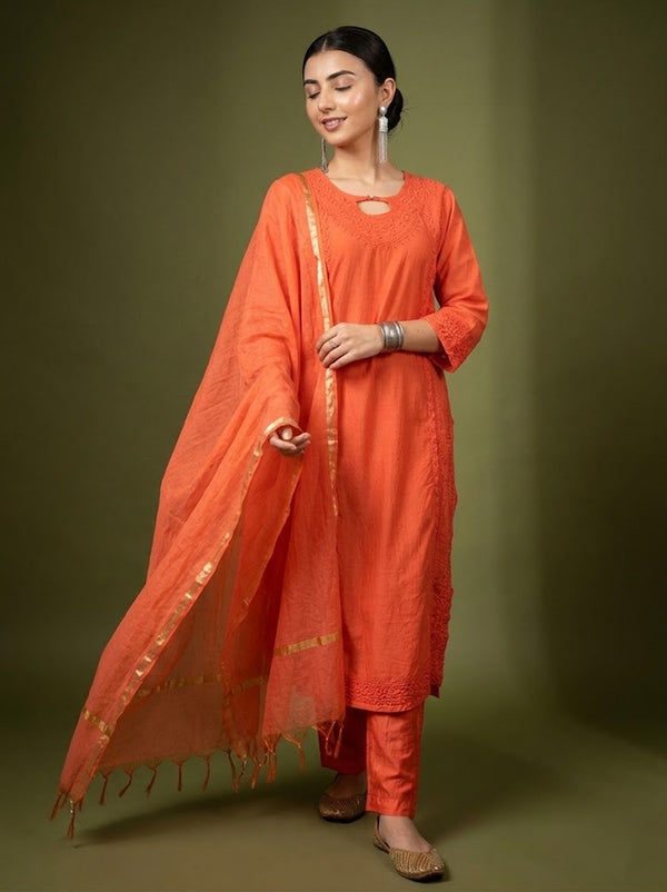 Kriti Chanderi Chikankari Kurta Set with Dupatta - Orange