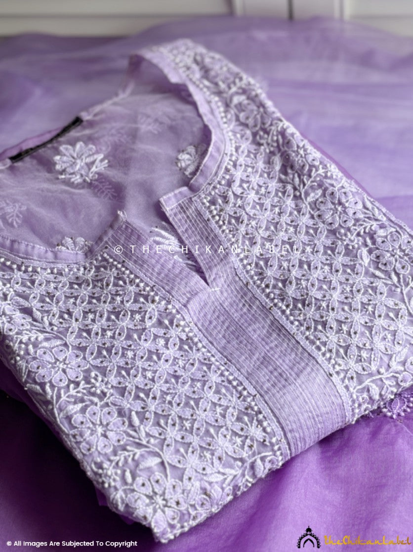 Lavender Ahilya Organza Chikankari A-Line Kurta with Dupatta