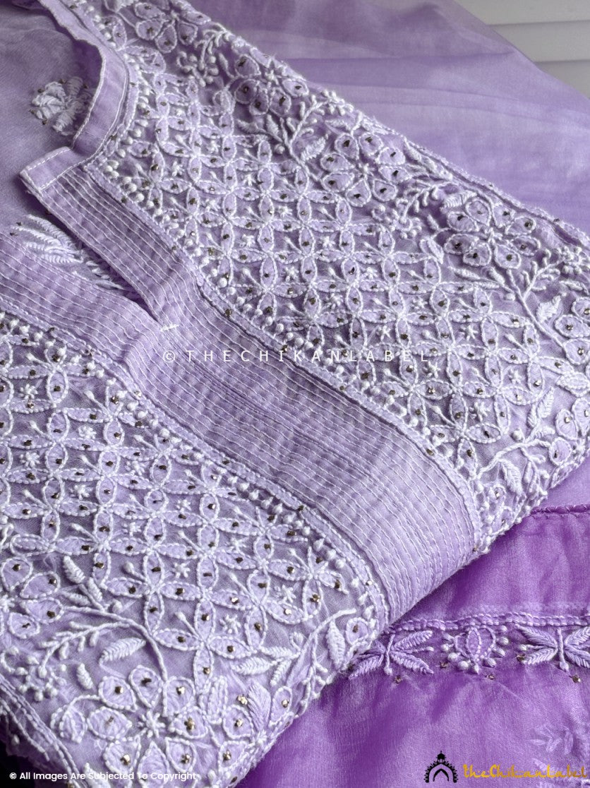 Lavender Ahilya Organza Chikankari A-Line Kurta with Dupatta