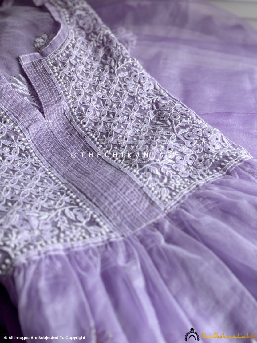 Lavender Ahilya Organza Chikankari A-Line Kurta with Dupatta