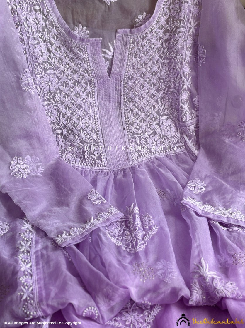 Lavender Ahilya Organza Chikankari A-Line Kurta with Dupatta