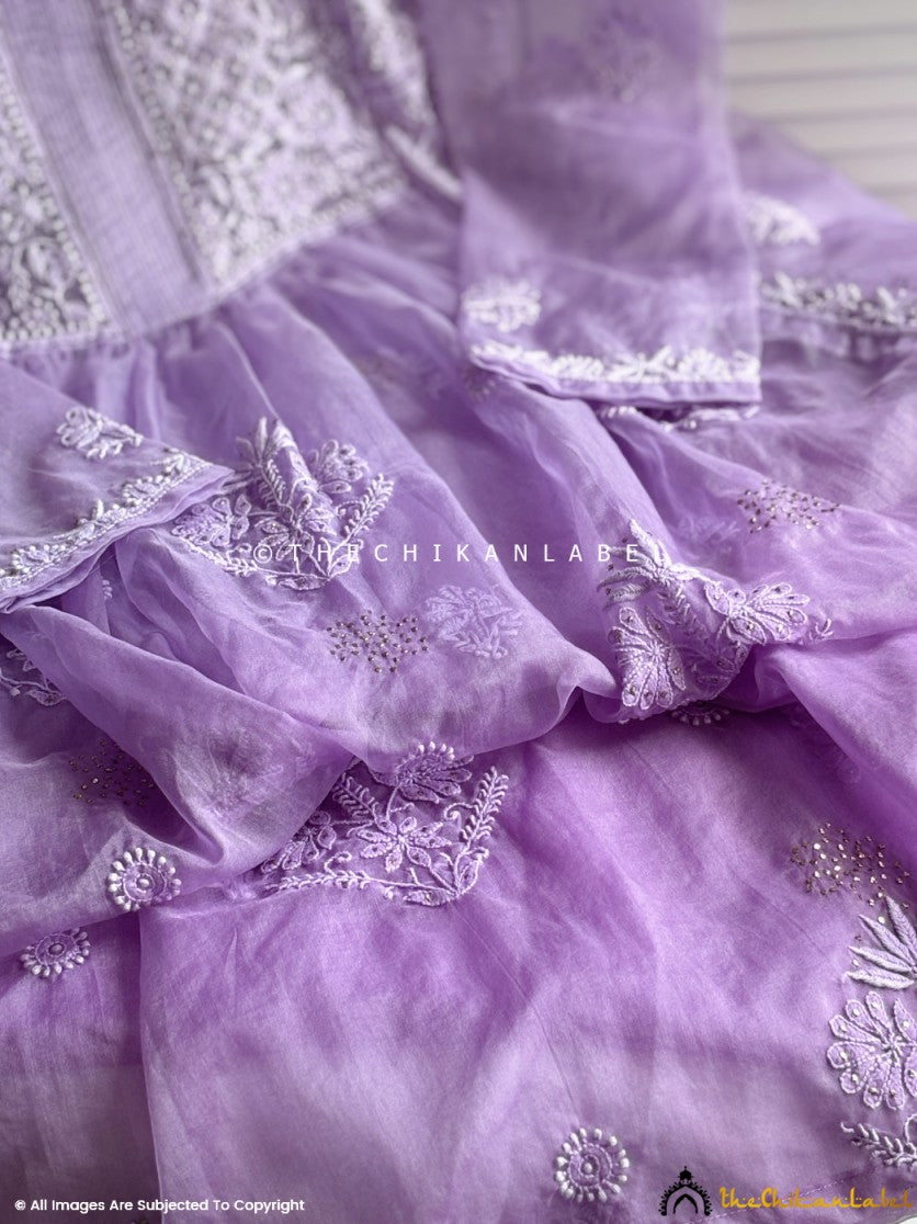 Lavender Ahilya Organza Chikankari A-Line Kurta with Dupatta